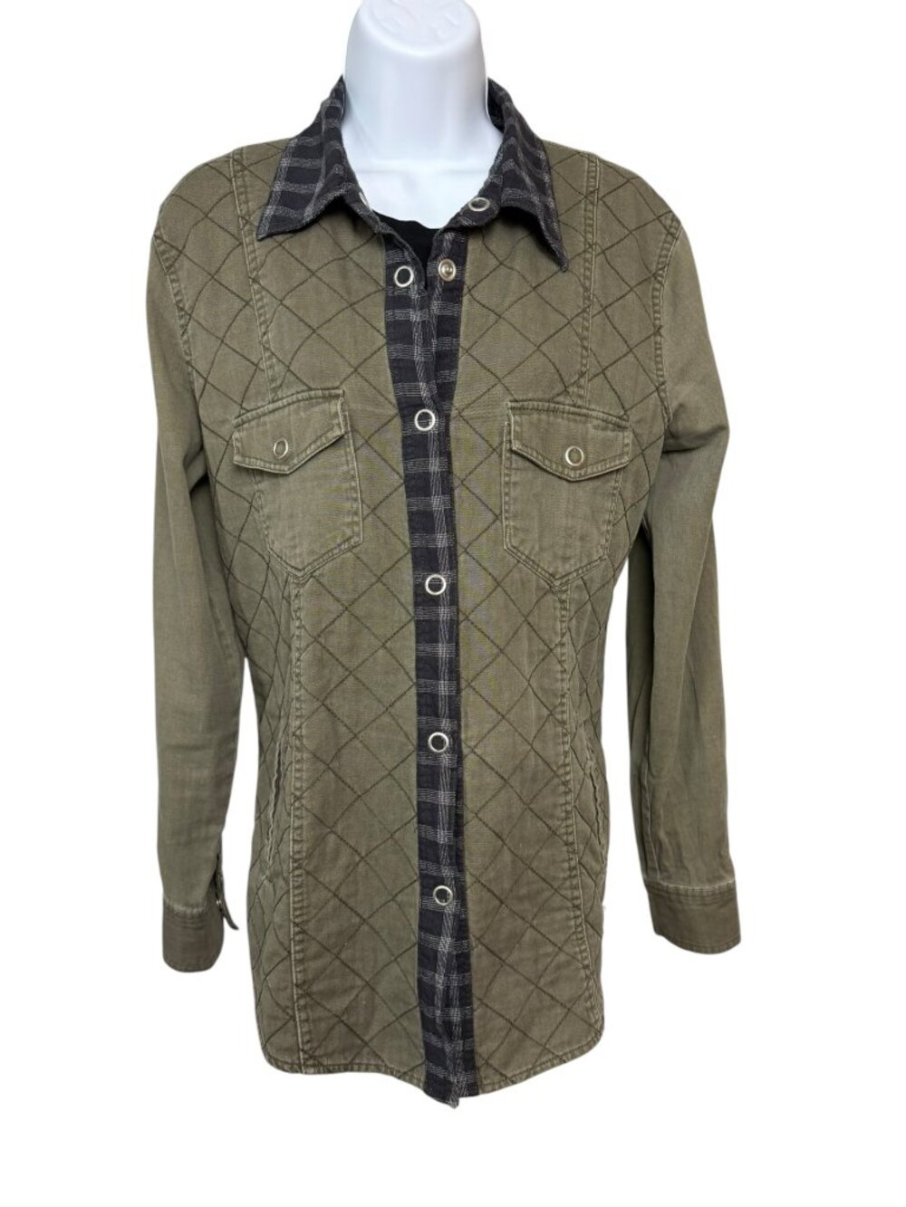 Gimmicks Buckle Olive Green Quilted Plaid Shacket Utility Jacket Women Medium M
